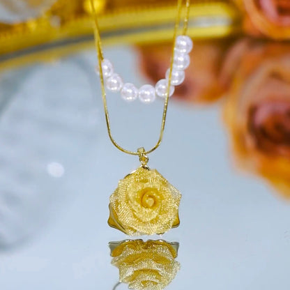 Double-layer golden rose pearl necklace(24k gold plated)