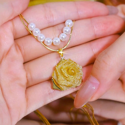 Double-layer golden rose pearl necklace(24k gold plated)