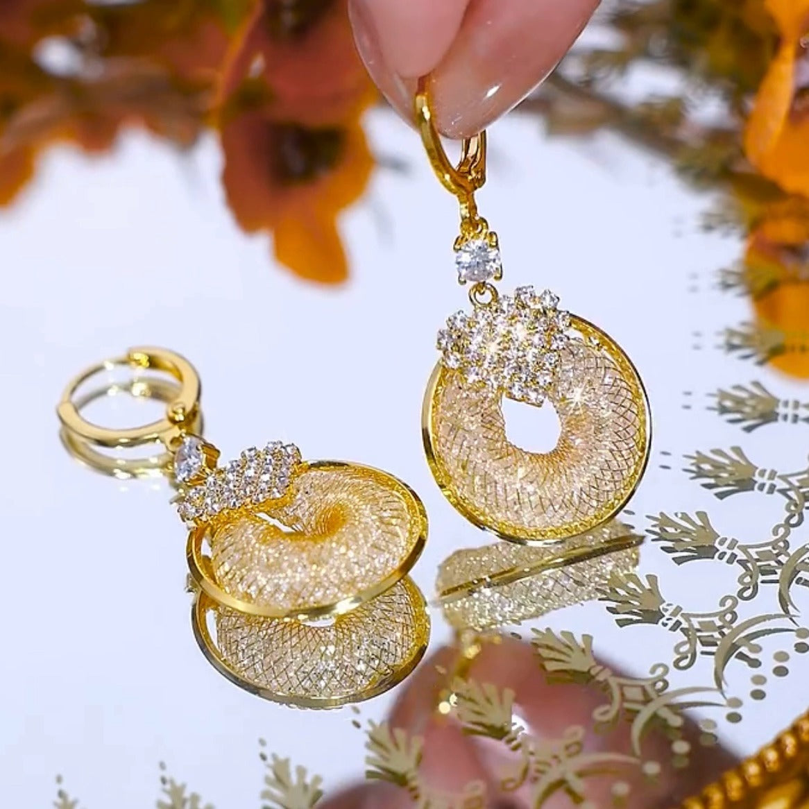 Mesh crystal earrings(24k gold plated)